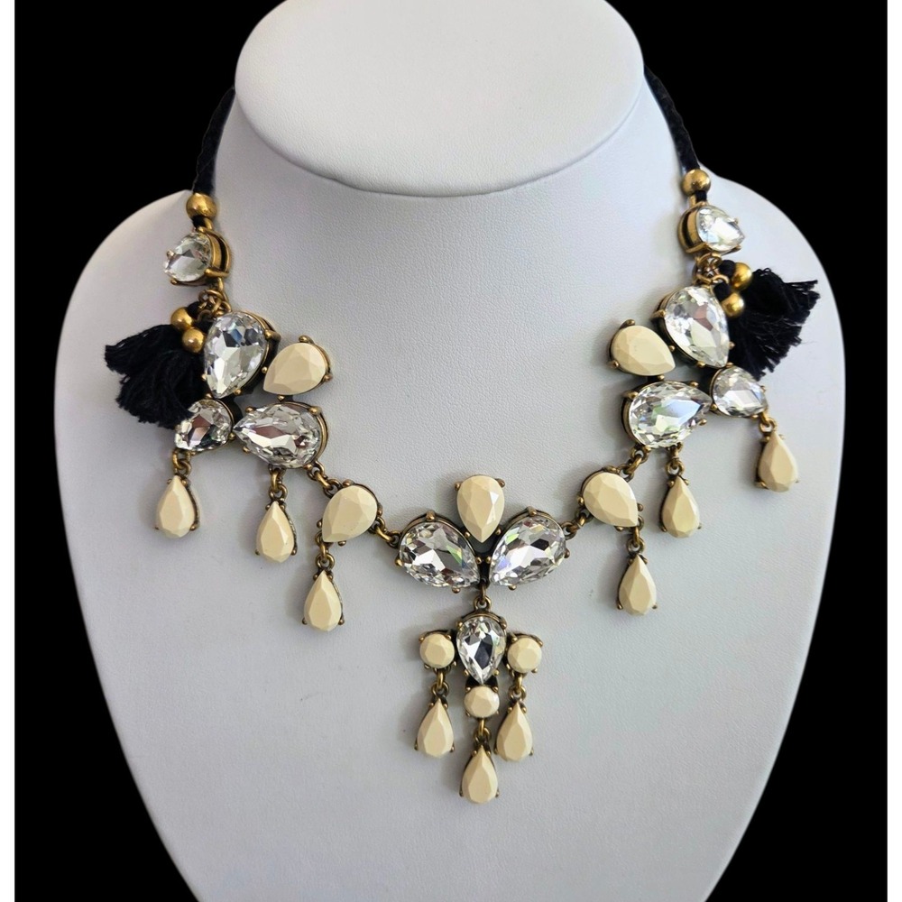 J Crew‎ Statement Necklace Rhinestones Faceted Gems/Beads Black Dangling Fringe